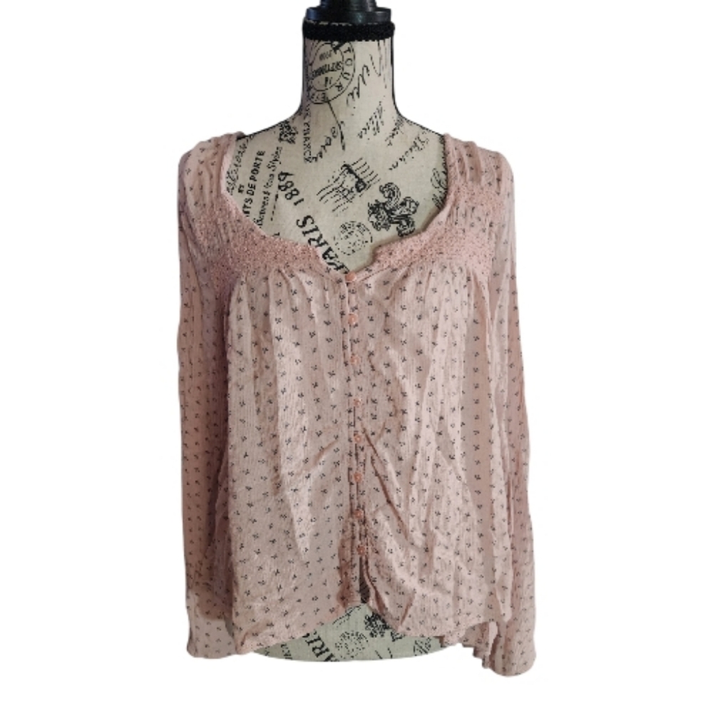 Tokyo Darling Boho Crochet Lace Button Front Blouse, Size Medium